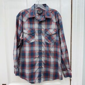 Pendleton Mens Medium Western Pearl Snap Button Down Shirt Blue Red Plaid LS